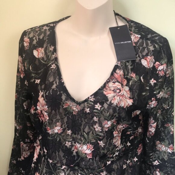 SFERA Spain NEW Lace Floral Sheer Boho Flare Bell Sleeve Peplum Stretch Top Rose - Picture 2 of 15